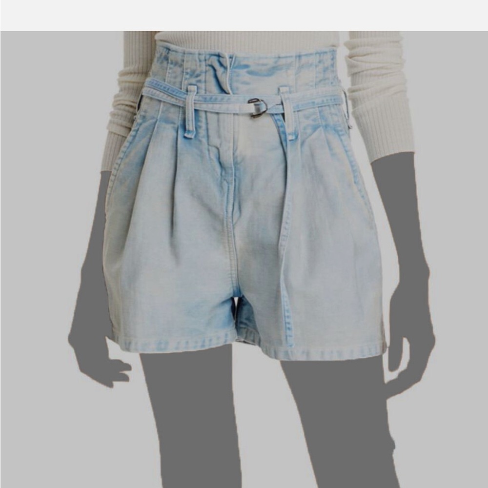 Iro Women Blue Belted High Rise Pleated Cotton Denim Jeans Shorts Size 34